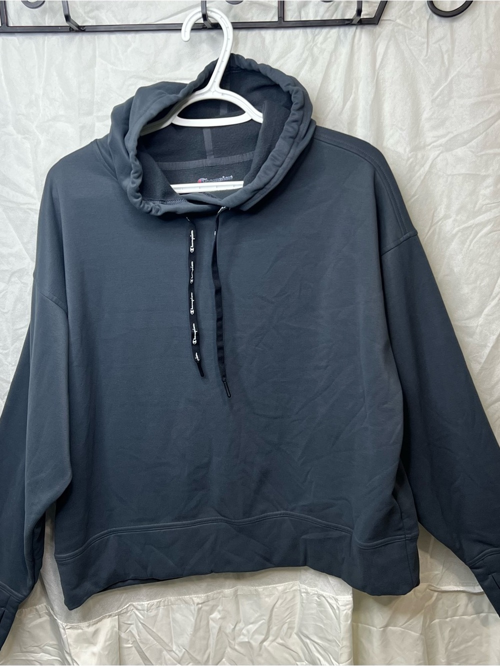 Champion Women's Charcoal Gray Hooded Sweatshirt with Logo-Accent Drawcord